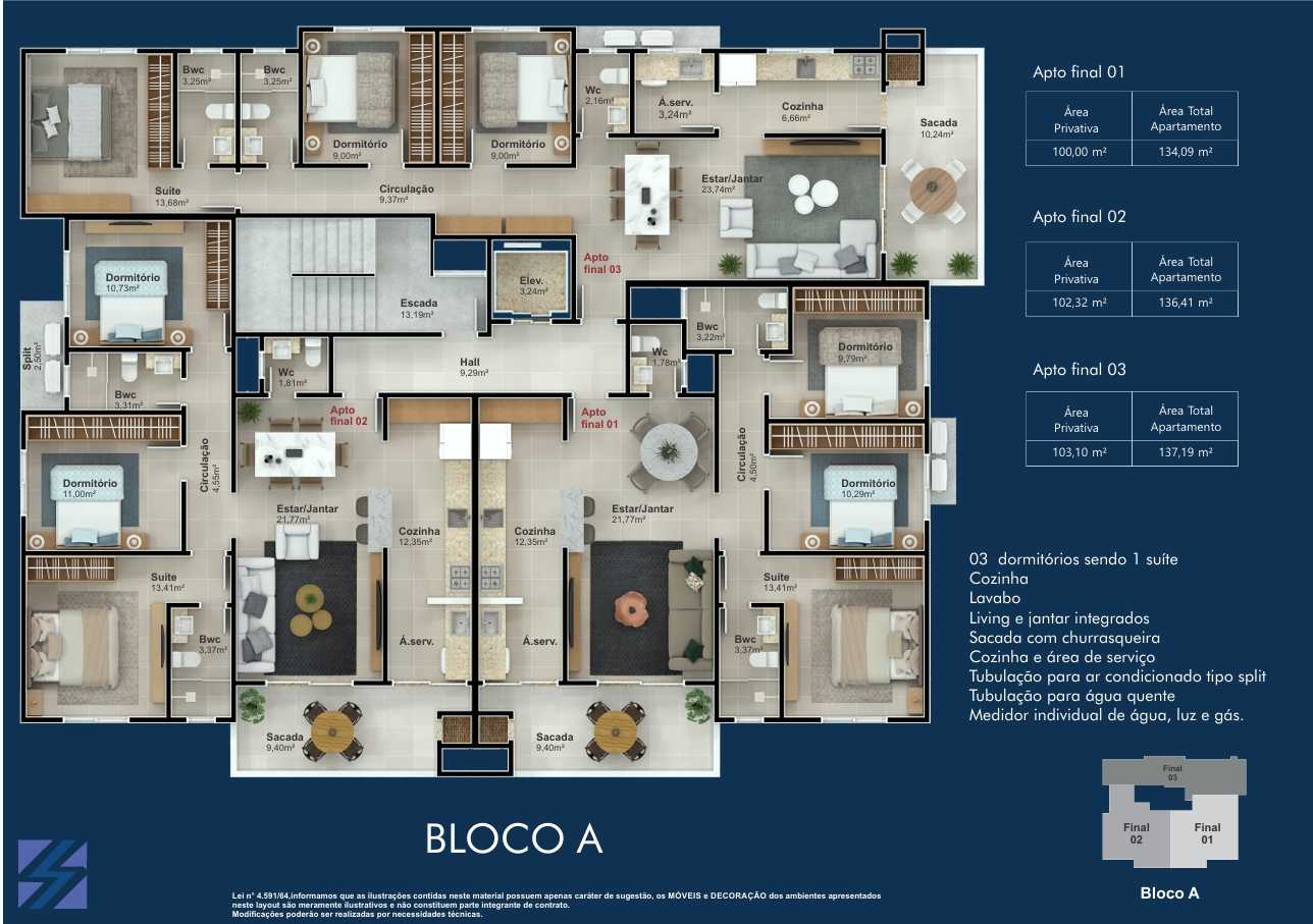 Planta - Apartamento Frente Mar, 3 dorms, 103 m²  Itapema do Norte, Itapoá - SC - LEÃO CORRETOR