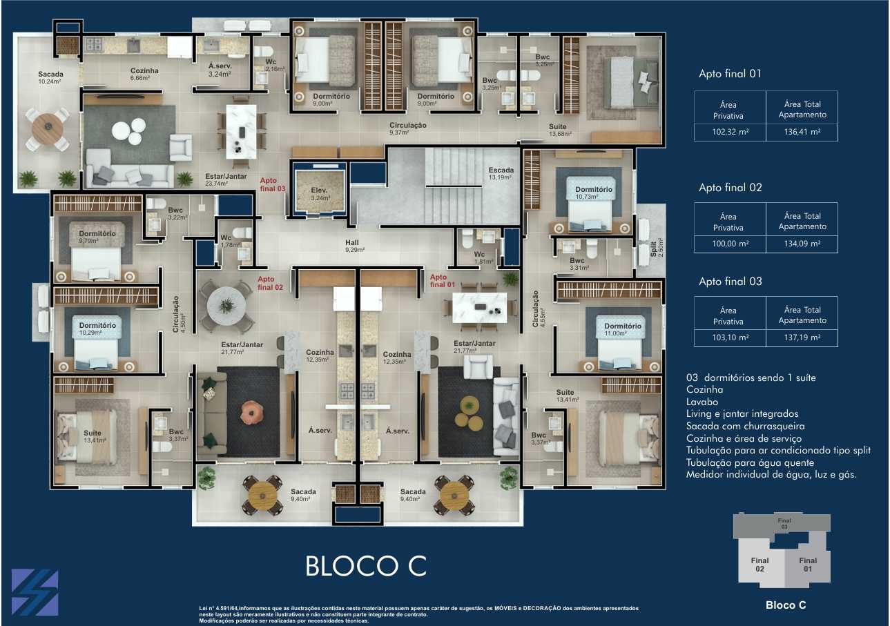 Planta - Apartamento Frente Mar, 3 dorms, 103 m²  Itapema do Norte, Itapoá - SC - LEÃO CORRETOR